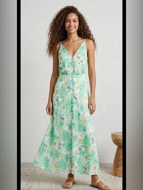 Xs Zara Mint Green Floral V-Neck Maxi Dress